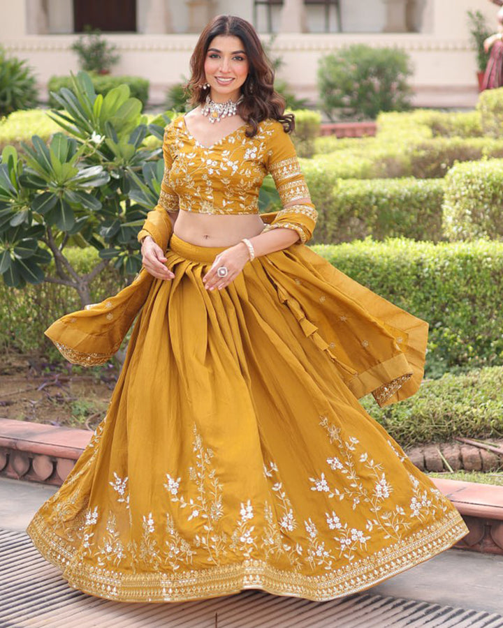 Mustard Gold Color Vichitra Silk Embroidered Lehenga Choli