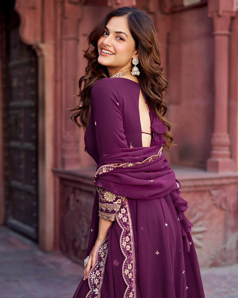 Ethnic Wine Color Georgette Sequence Embroidered Gown