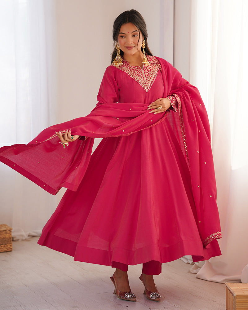 Rani Pink Color Pure Shimmer Silk Anarkali Suit