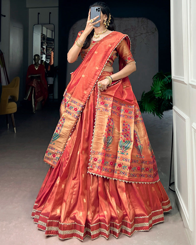 Coral Red Color Shimmer Silk Lehenga Choli