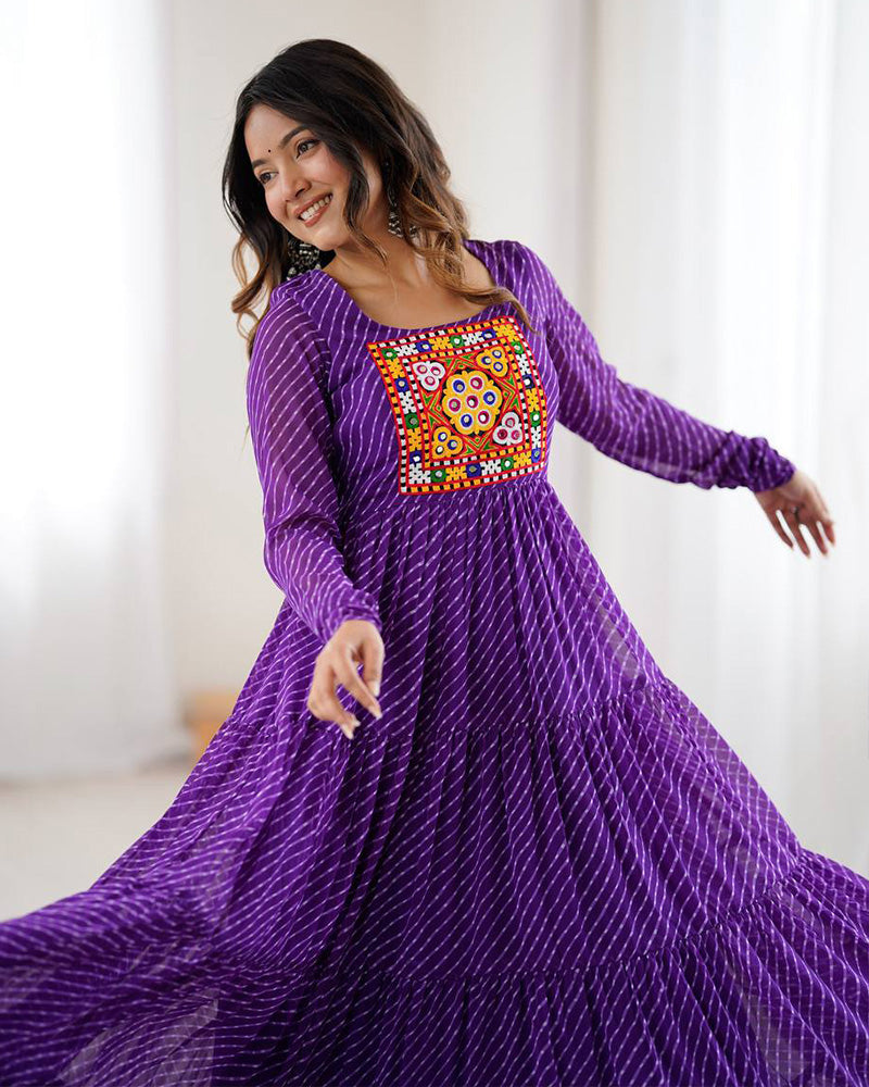 purple Color Georgette Laheriya Print Navratri Gown