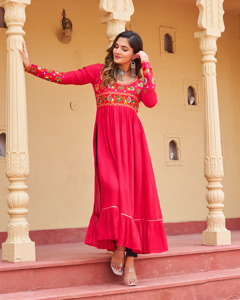 Traditional Pink Pure Rayon Embroidered Navratri Kurti