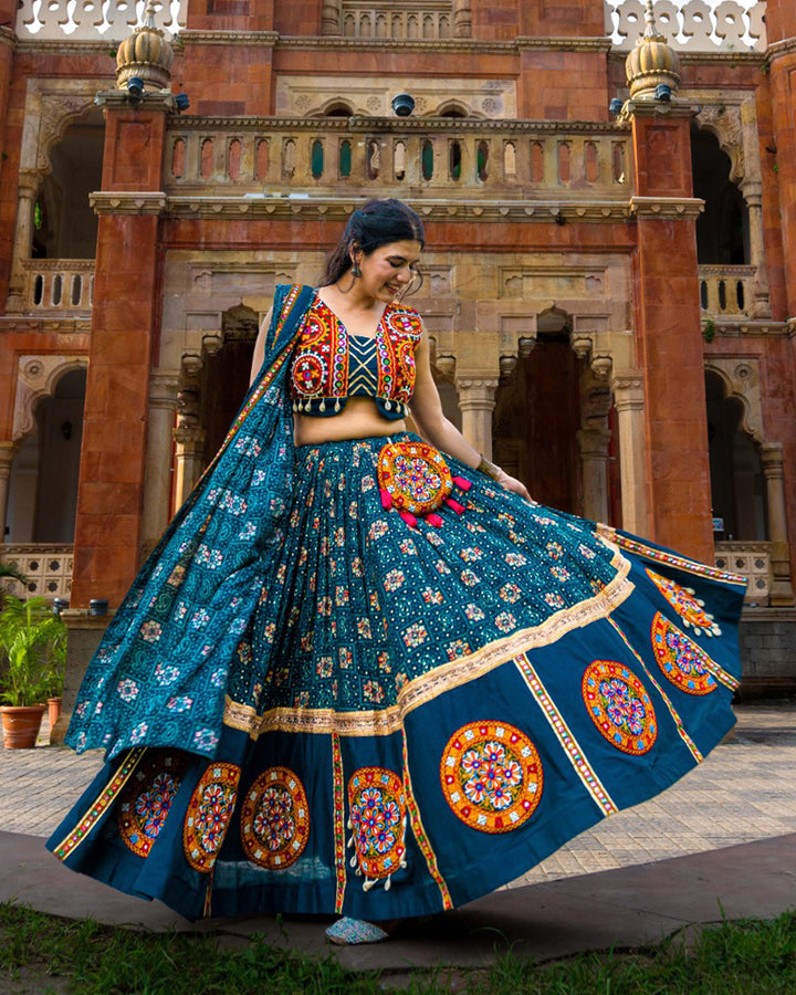 Teal Green Color Pure Rayon Printed Navratri Lehenga Choli