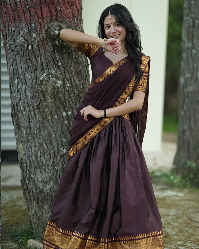 Dark Brown Color Kanjivaram Silk Zari Weaving Half Saree