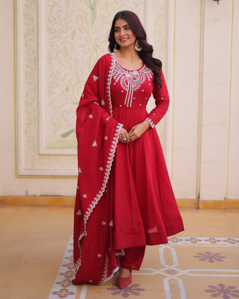 Royal Red Color Mal Chanderi Cotton Anarkali Suit