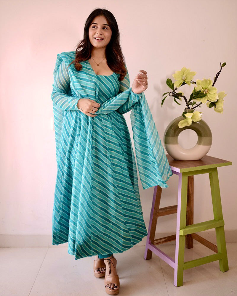 Firozi Color Laheriya Print Tabby Organza Anarkali Suit