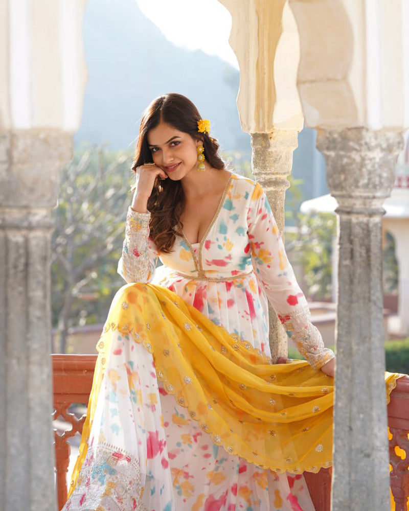 Wedding Wear Floral Embroidered White Color Gown With Dupatta