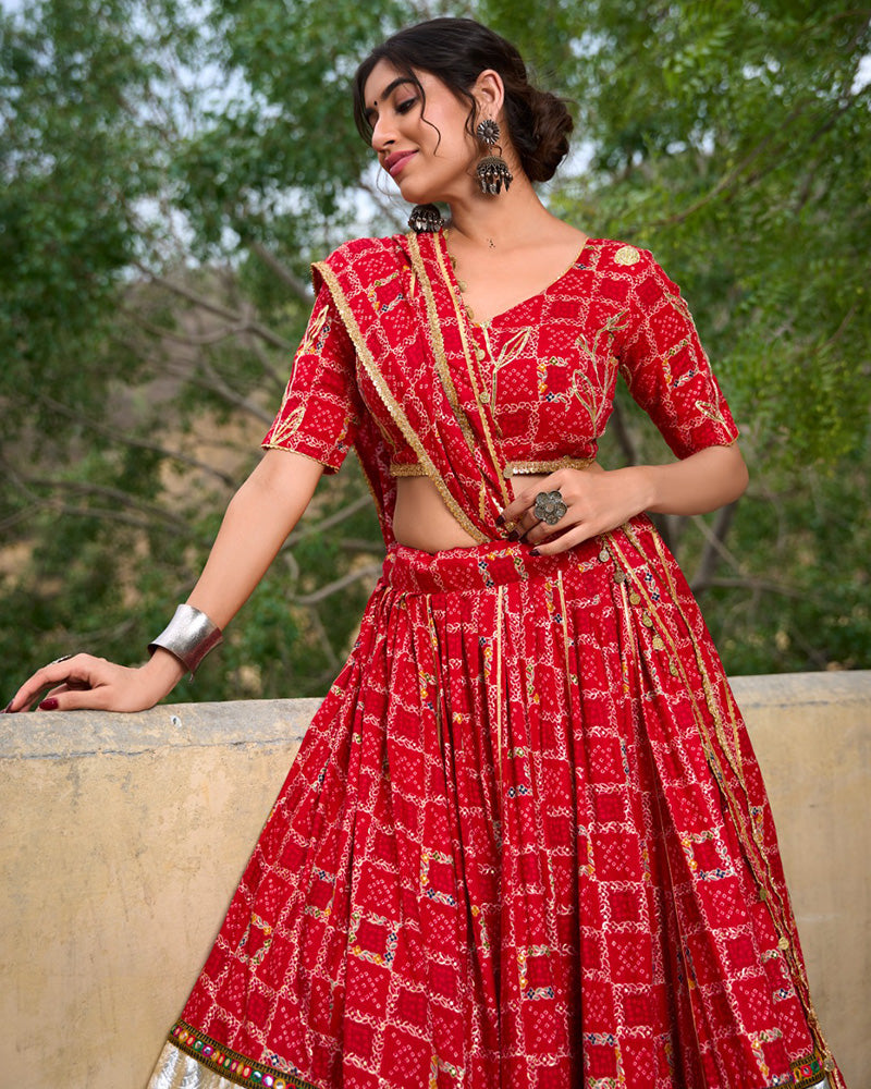 Red Color Rayon Foil Printed Navratri Lehenga Choli