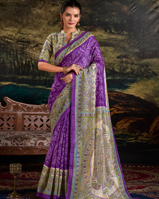 Purple Color Green Silk Fusion Printed Saree