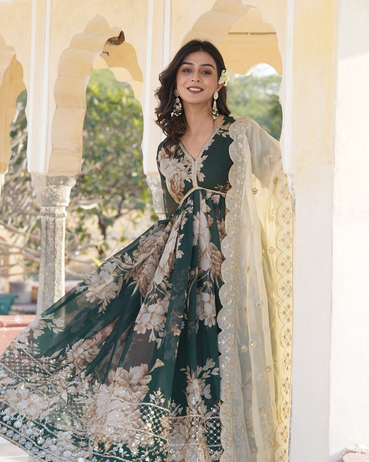 Designer Wedding Wear Printed Olive Green Color Gown With Dupatta
