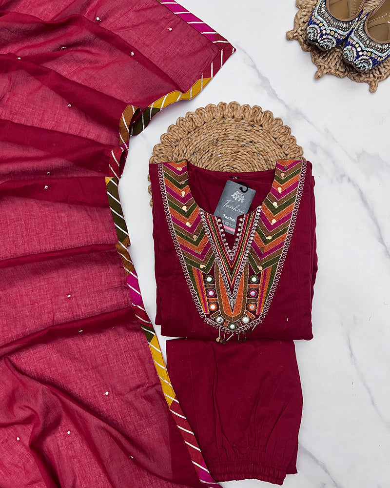 Maroon Color Mal Cotton Three Piece Kurti Suit