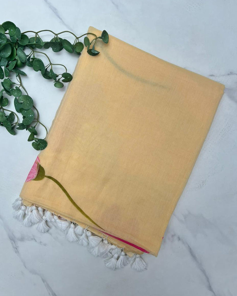 Cream Color Pure Mal Cotton Krishna Printed Saree