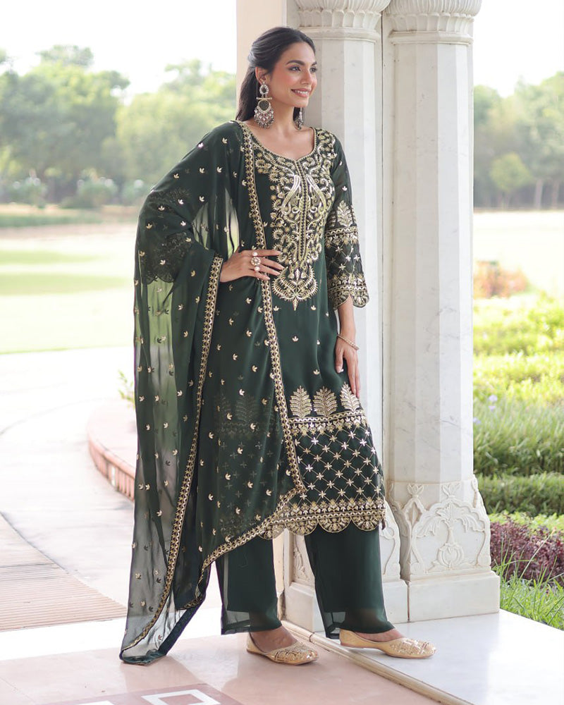 Mehndi Color Georgette Embroidered Three Piece Kurti Suit