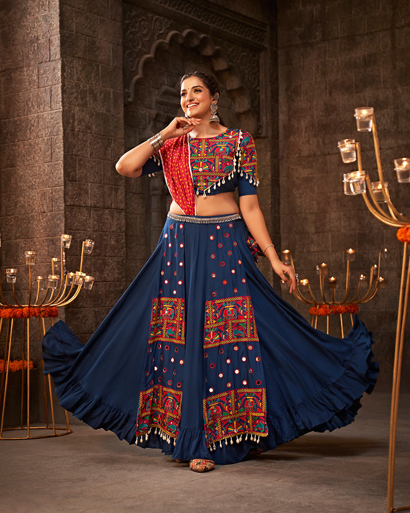 Royal Blue Color Viscose Rayon Thread With Mirror Work Navratri Lehenga Choli