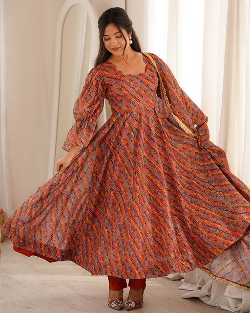 Orange Color Tabby Organza Three Piece Anarkali Suit