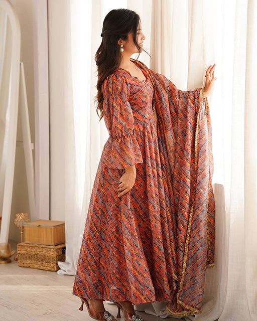 Orange Color Tabby Organza Three Piece Anarkali Suit