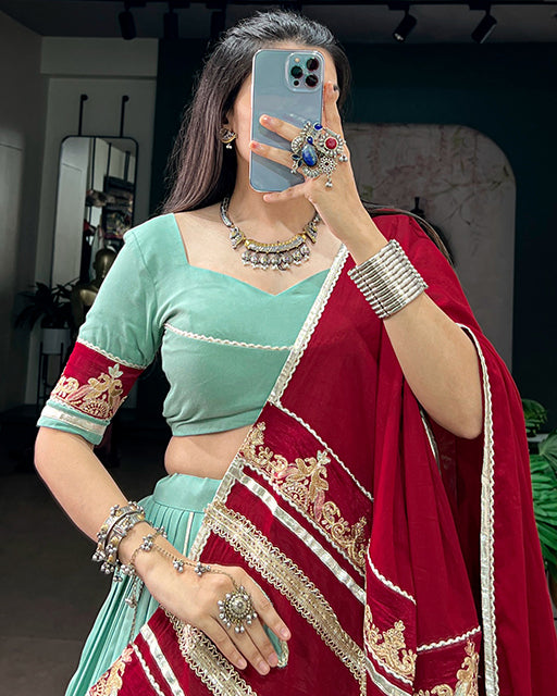 Traditional Mint Blue Color Rayon Navratri Lehenga Choli