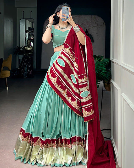 Traditional Mint Blue Color Rayon Navratri Lehenga Choli