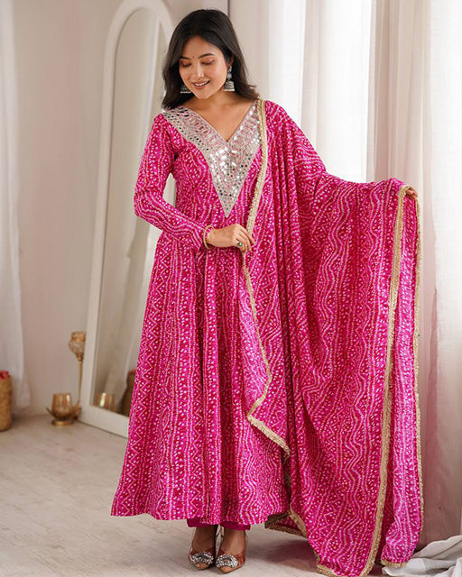 Pink Color Rayon Mirror Embroidered Anarkali Suit