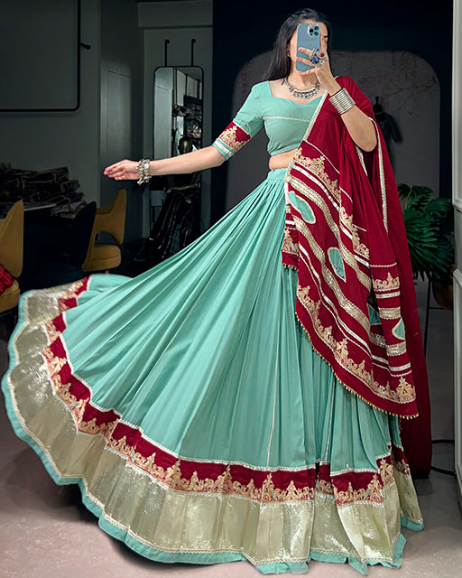 Traditional Mint Blue Color Rayon Navratri Lehenga Choli