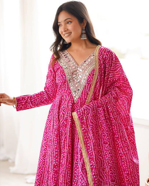 Pink Color Rayon Mirror Embroidered Anarkali Suit