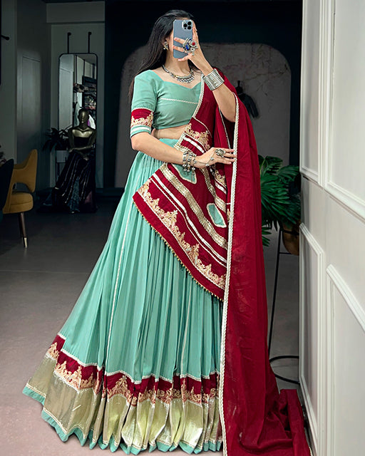 Traditional Mint Blue Color Rayon Navratri Lehenga Choli