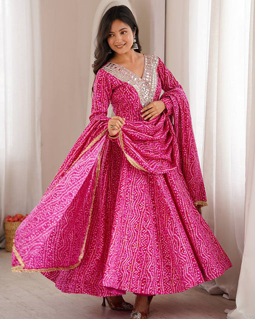 Pink Color Rayon Mirror Embroidered Anarkali Suit