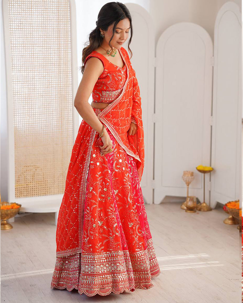 Orange Color Faux Georgette Embroidered Sequence Lehenga Choli