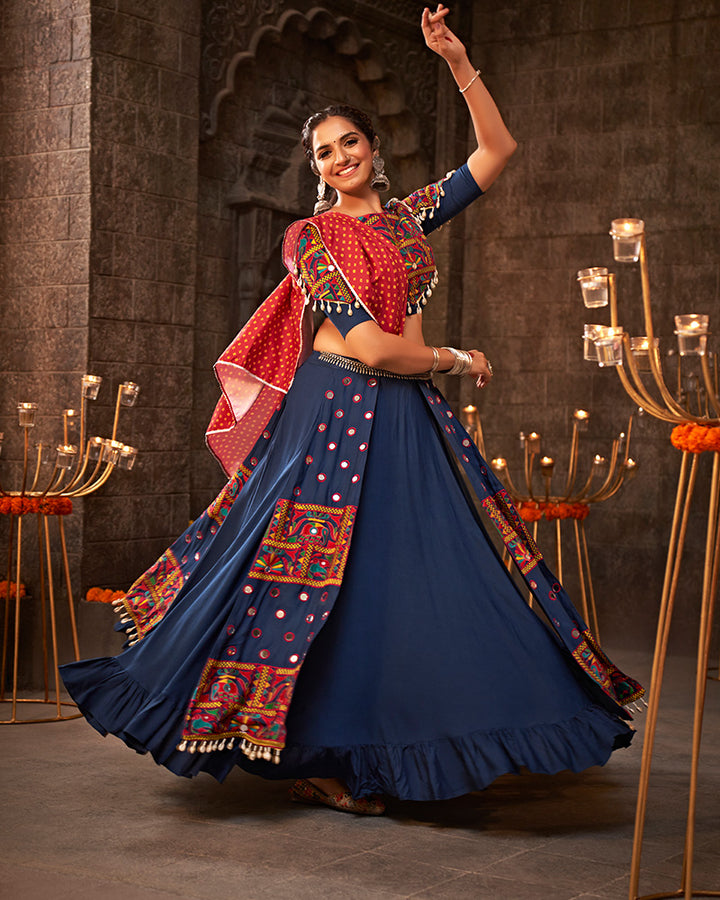 Royal Blue Color Viscose Rayon Thread With Mirror Work Navratri Lehenga Choli