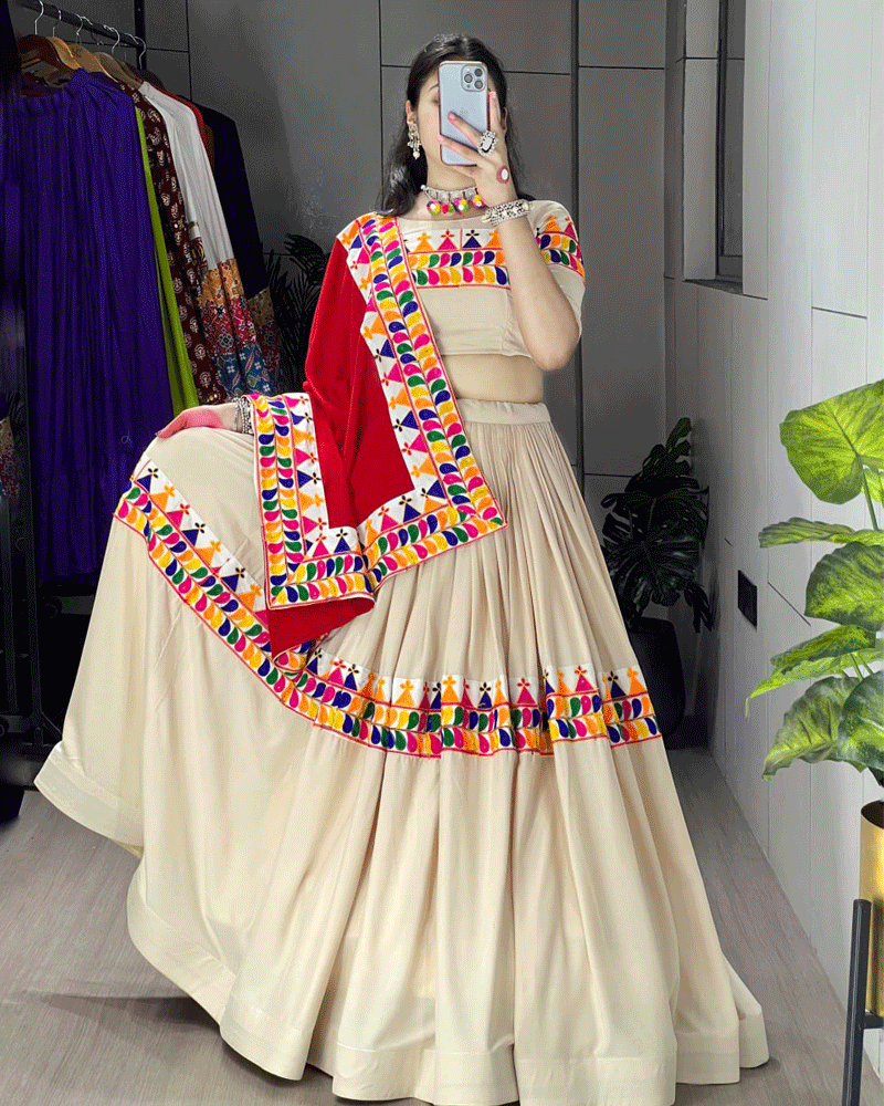 Cream And Maroon Color Rayon Cotton Navratri Lehenga Choli