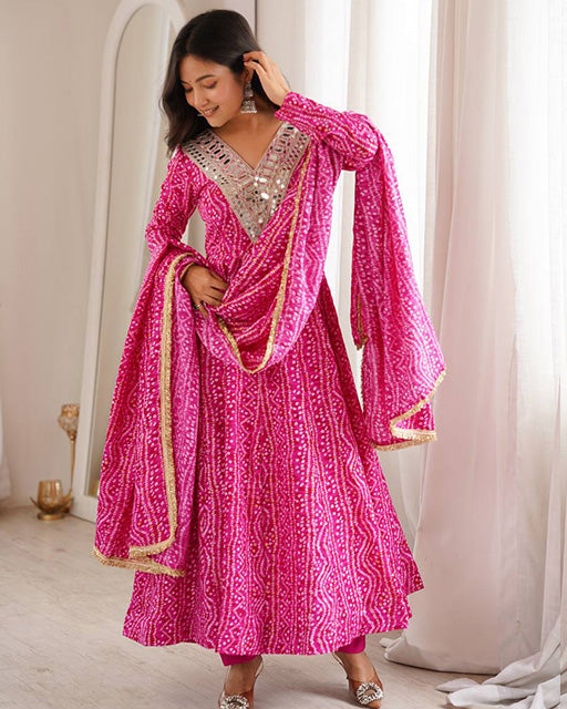 Pink Color Rayon Mirror Embroidered Anarkali Suit
