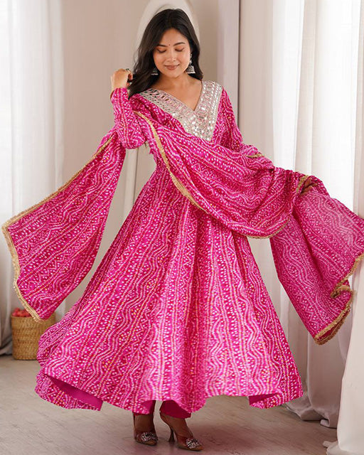 Pink Color Rayon Mirror Embroidered Anarkali Suit