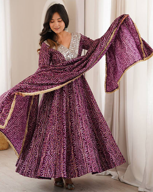 Wine Color Rayon Mirror Embroidered Anarkali Suit