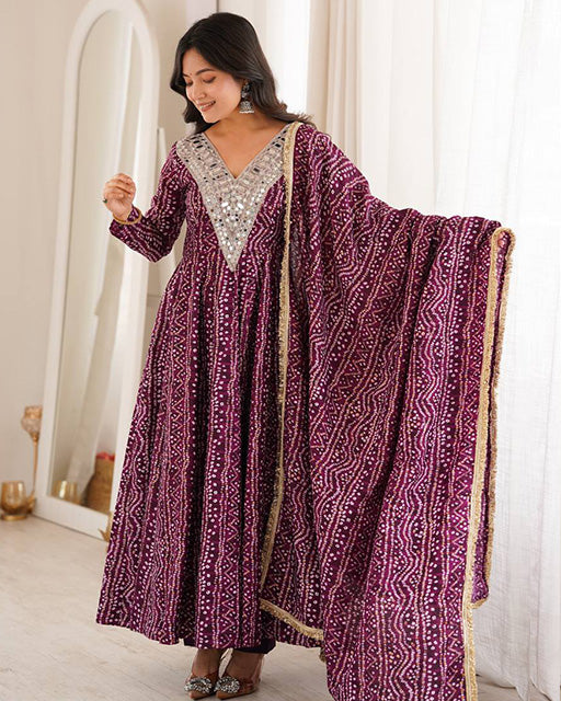 Wine Color Rayon Mirror Embroidered Anarkali Suit