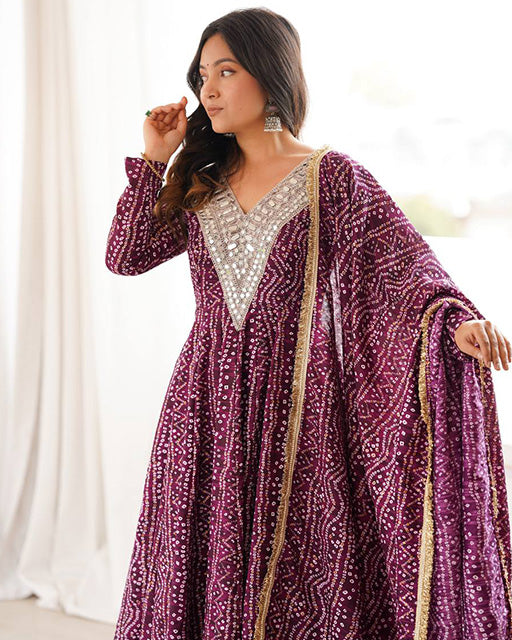 Wine Color Rayon Mirror Embroidered Anarkali Suit