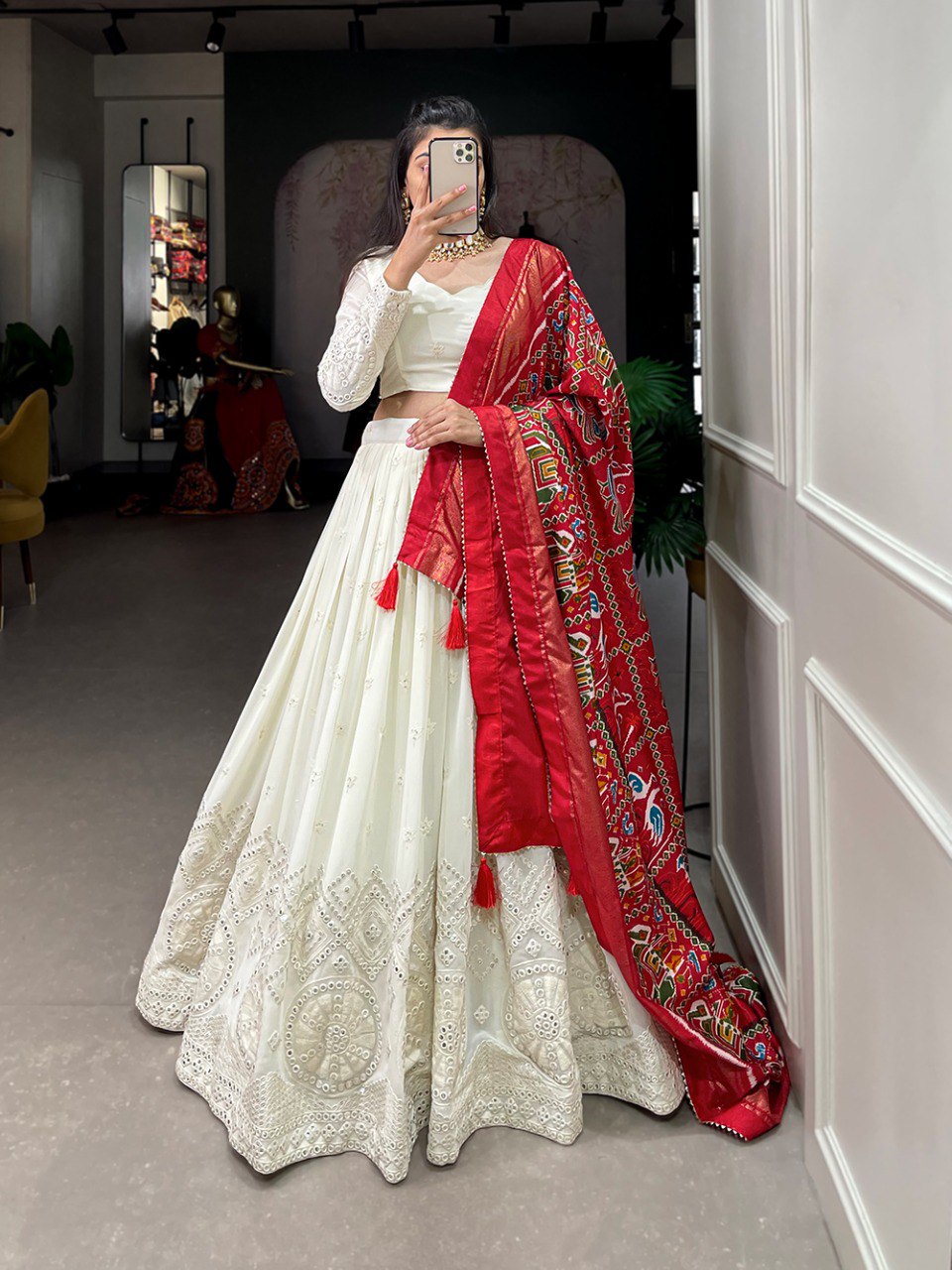 Off White Lucknowi Embroidery Work Lehenga Choli