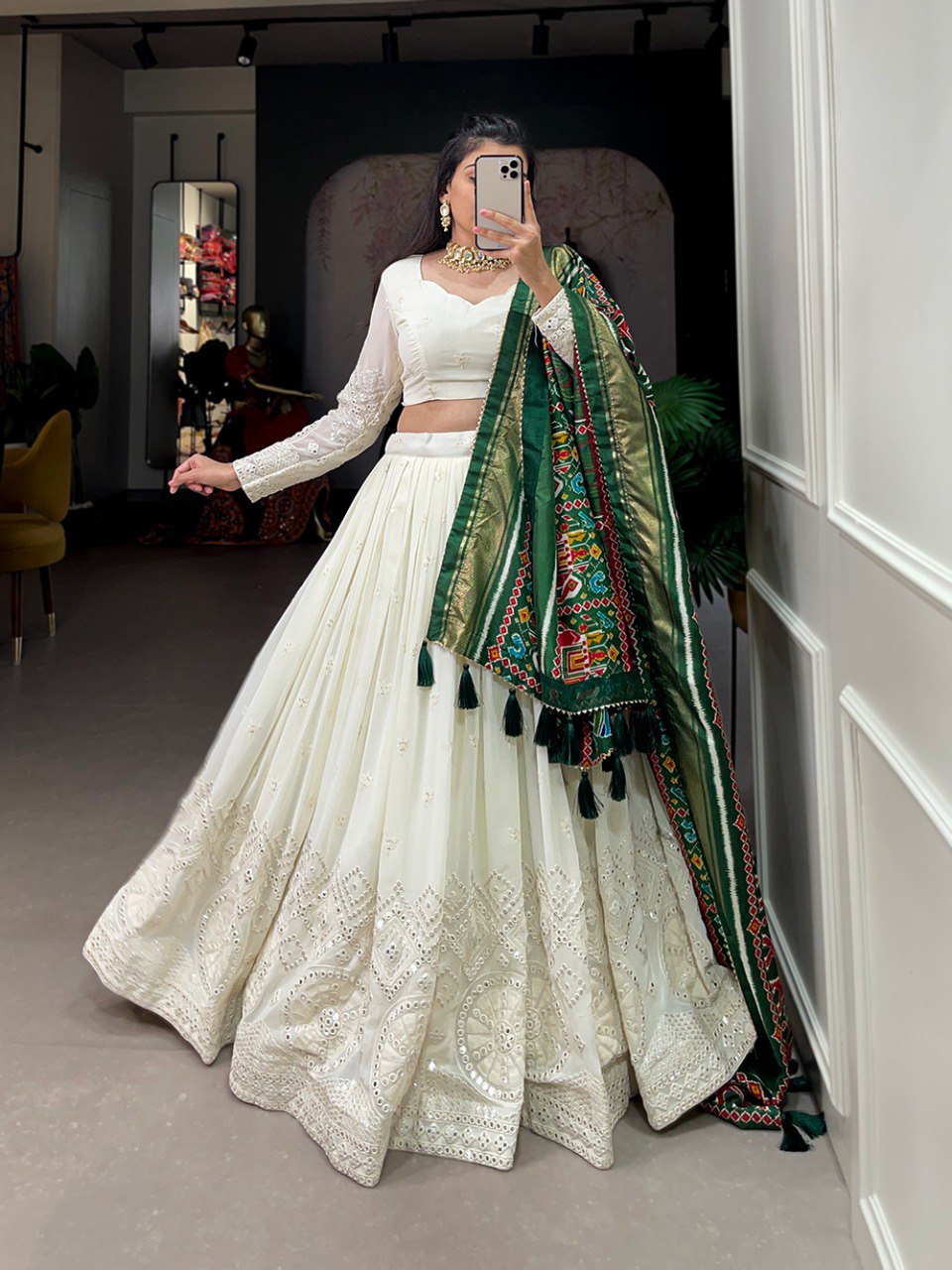 Off White Lucknowi Embroidery Work Lehenga Choli