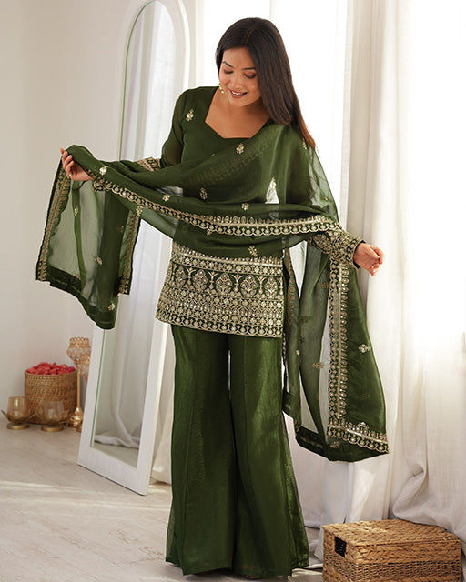 Mehandi Color Crunchy Silk Embroidered Sharara Suit