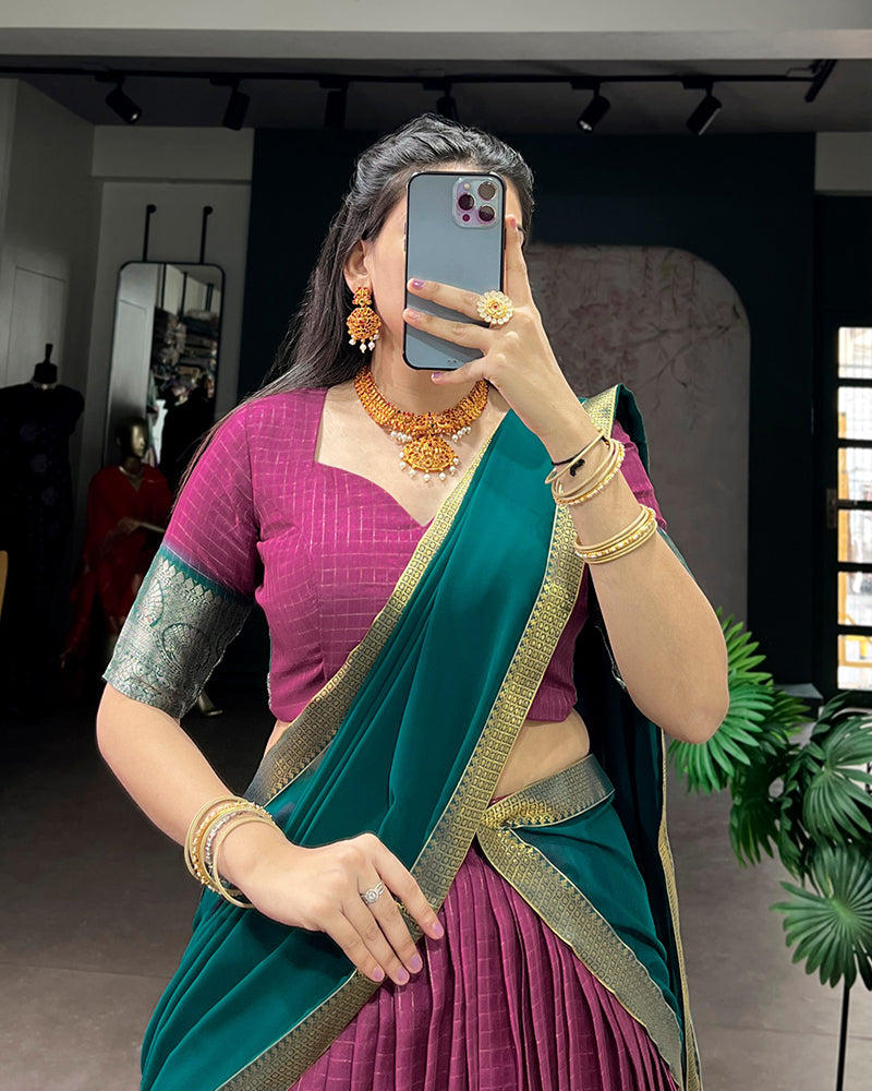 Pink Color Dola Chex Zari Weaving Half Saree