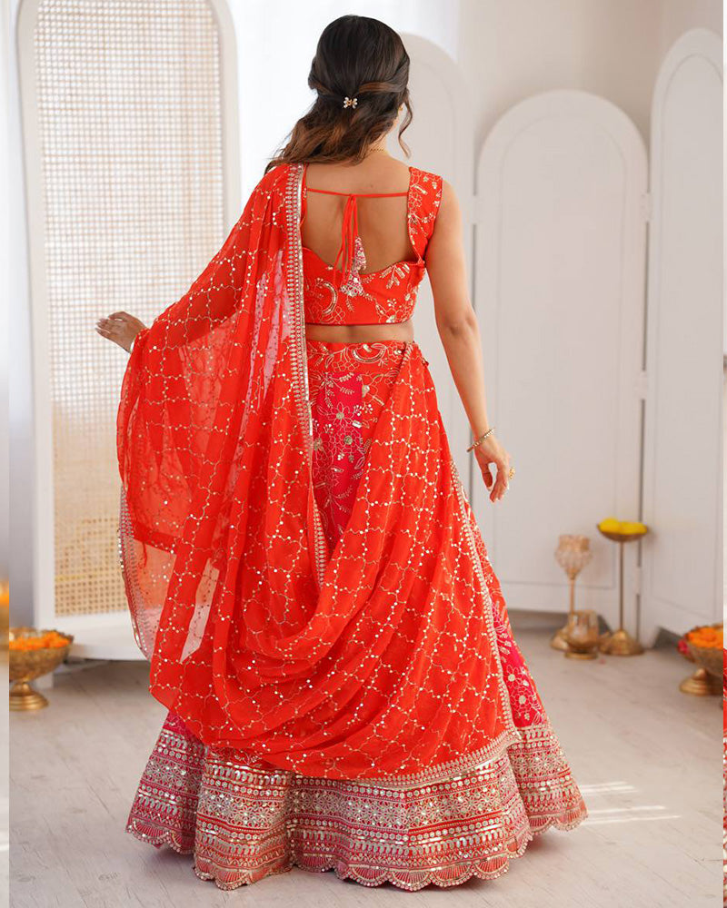 Orange Color Faux Georgette Embroidered Sequence Lehenga Choli