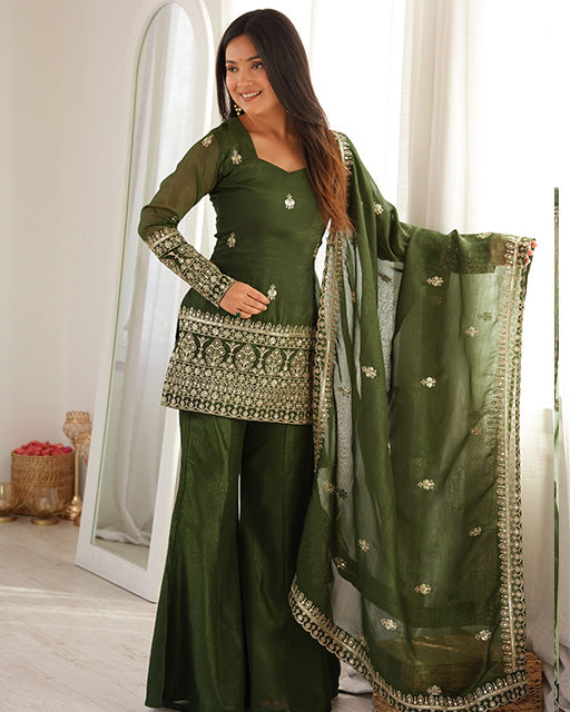 Mehandi Color Crunchy Silk Embroidered Sharara Suit