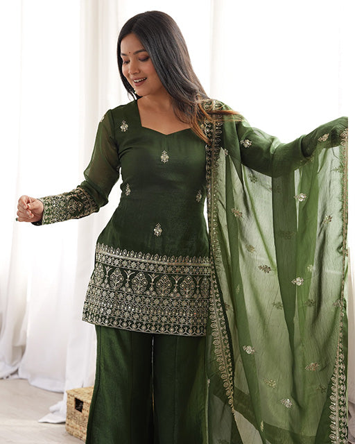 Mehandi Color Crunchy Silk Embroidered Sharara Suit