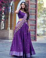 Purple Color Chinon Chex Zari Weaving Half Saree