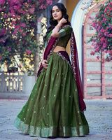 Olive Green Color Chinon Chex Zari Weaving Half Saree
