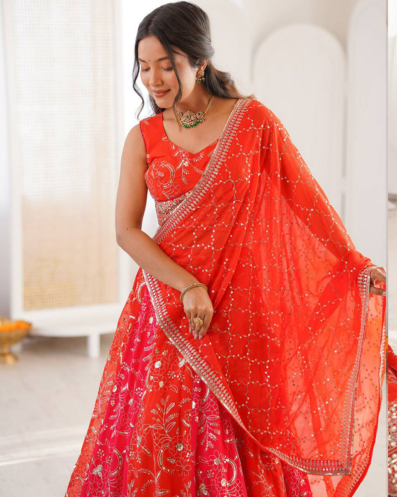 Orange Color Faux Georgette Embroidered Sequence Lehenga Choli