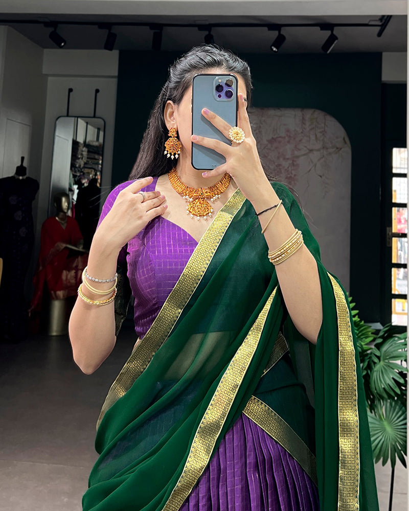 Purple Color Dola Chex Zari Weaving Half Saree