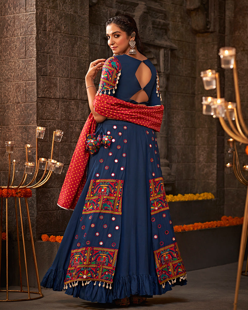 Royal Blue Color Viscose Rayon Thread With Mirror Work Navratri Lehenga Choli