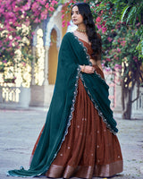 Copper Brown Color Chinon Chex Zari Weaving Half Saree