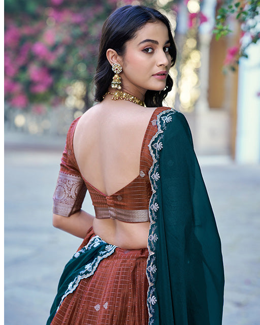 Copper Brown Color Chinon Chex Zari Weaving Half Saree