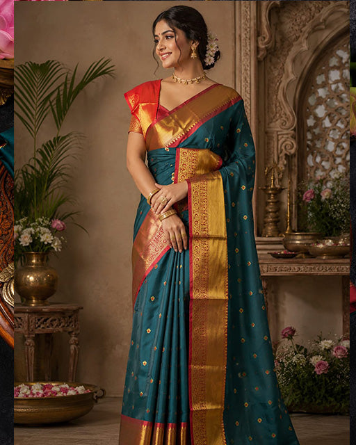 Peacock Blue Color Banarasi Katan Silk Saree